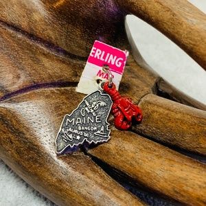 Vintage Sterling Silver MAINE State Charm W/ Red Lobster